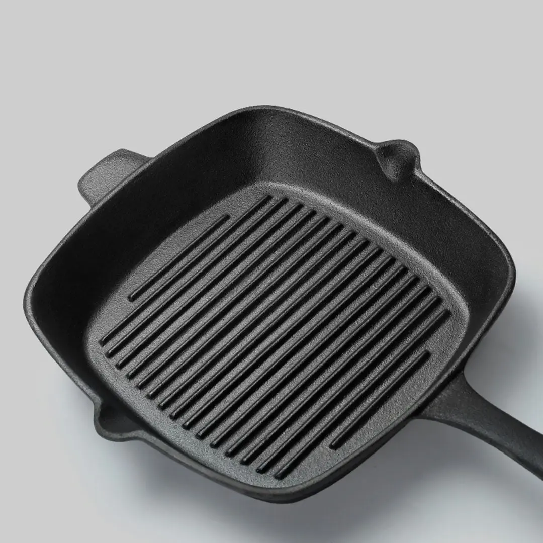 Soga 26cm Square Ribbed Cast Iron Frying Pan SkilletSteak Sizzle Platter with Handle