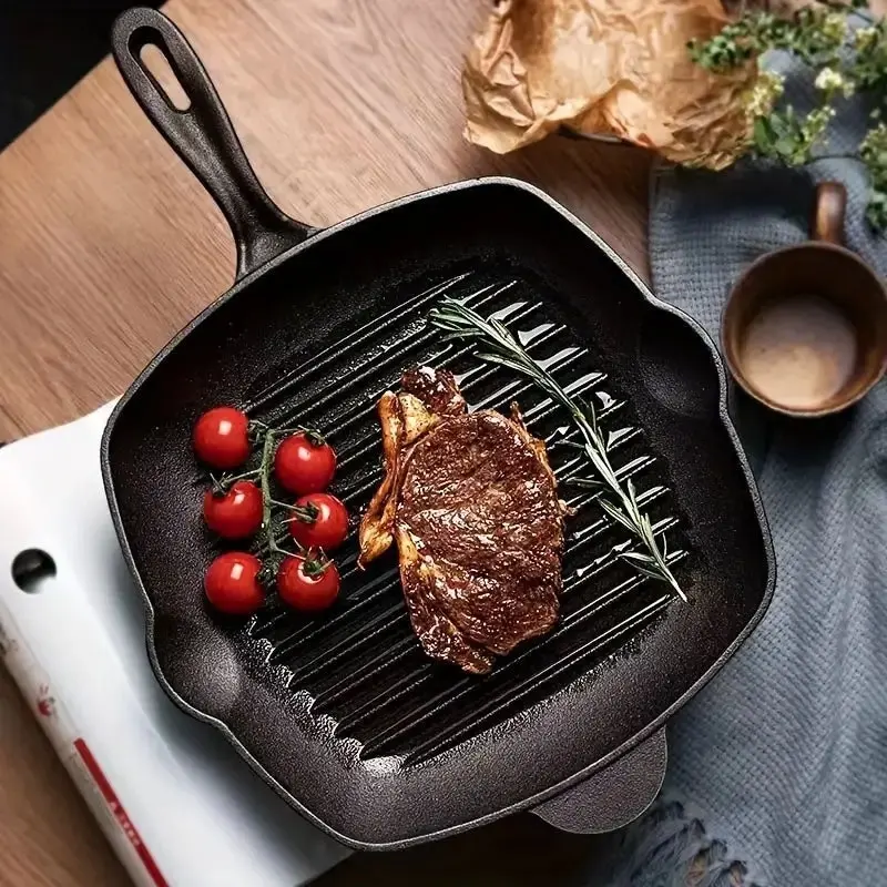 Soga 26cm Square Ribbed Cast Iron Frying Pan SkilletSteak Sizzle Platter with Handle