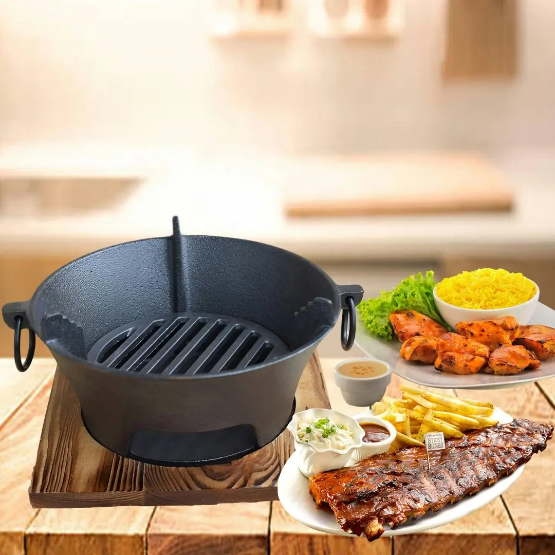 Soga Medium Cast Iron Round Stove Charcoal Table Net Grill Japanese Style BBQ Picnic Camping with Wooden Board