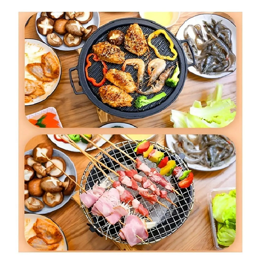 Soga Medium Cast Iron Round Stove Charcoal Table Net Grill Japanese Style BBQ Picnic Camping with Wooden Board