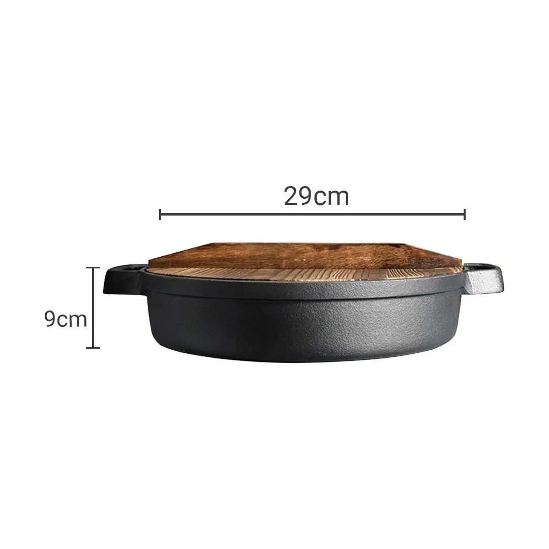 Soga 29cm Round Cast Iron Pre-seasoned Deep Baking Pizza Frying Pan Skillet with Wooden Lid