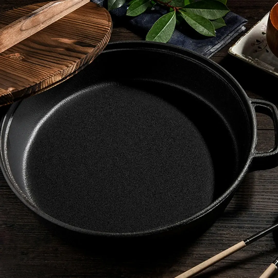 Soga 29cm Round Cast Iron Pre-seasoned Deep Baking Pizza Frying Pan Skillet with Wooden Lid