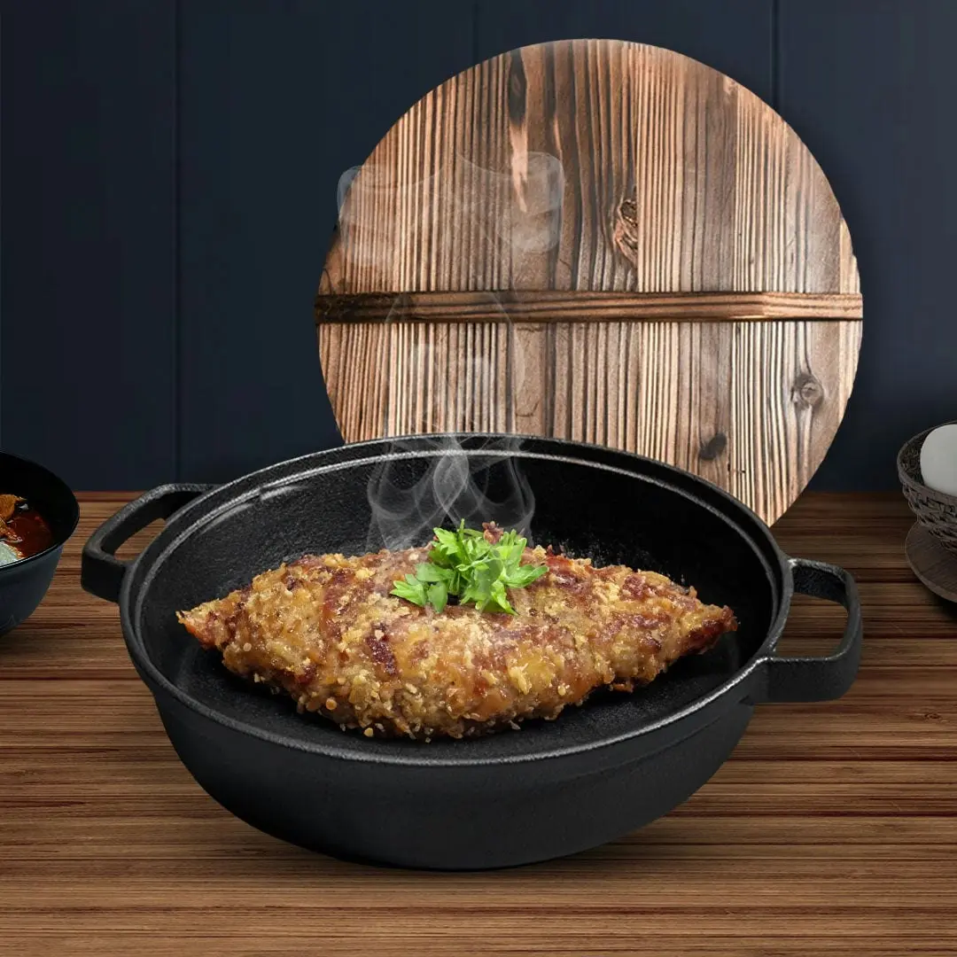 Soga 29cm Round Cast Iron Pre-seasoned Deep Baking Pizza Frying Pan Skillet with Wooden Lid