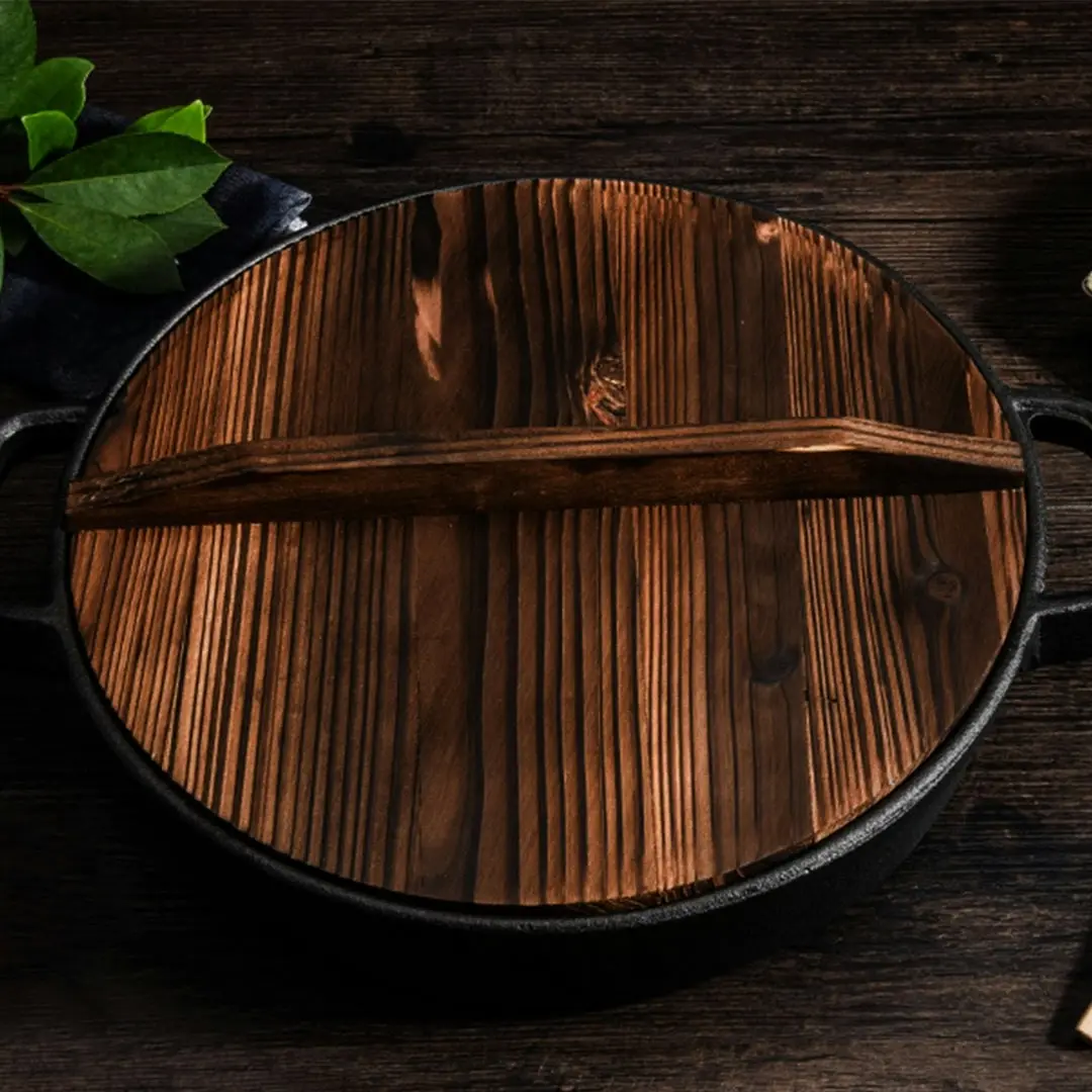 Soga 29cm Round Cast Iron Pre-seasoned Deep Baking Pizza Frying Pan Skillet with Wooden Lid