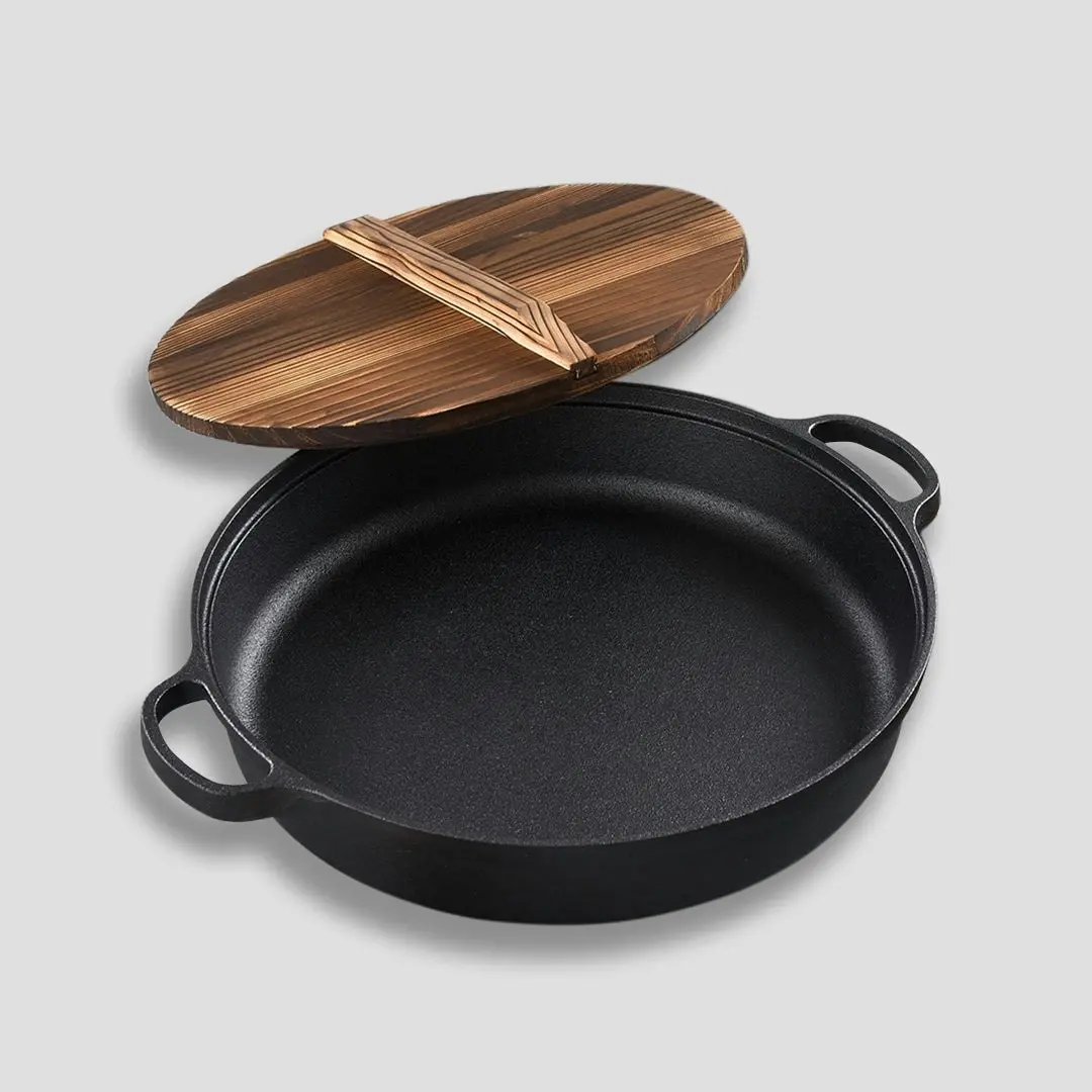 Soga 29cm Round Cast Iron Pre-seasoned Deep Baking Pizza Frying Pan Skillet with Wooden Lid