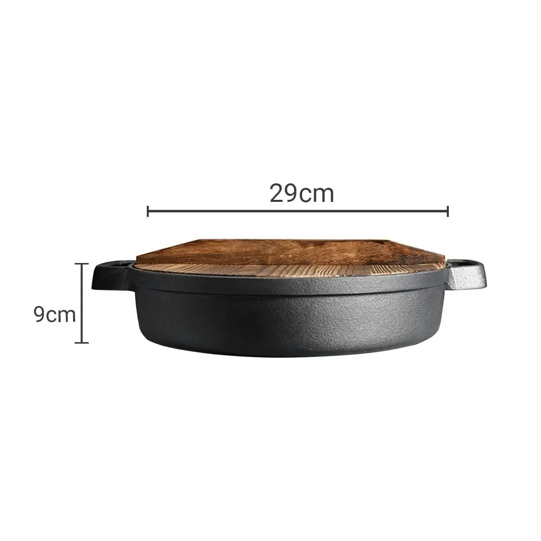 Soga 29cm Round Cast Iron Pre-seasoned Deep Baking Pizza Frying Pan Skillet with Wooden Lid