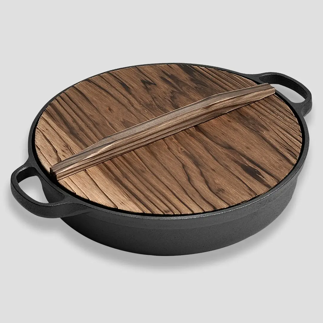 Soga 29cm Round Cast Iron Pre-seasoned Deep Baking Pizza Frying Pan Skillet with Wooden Lid