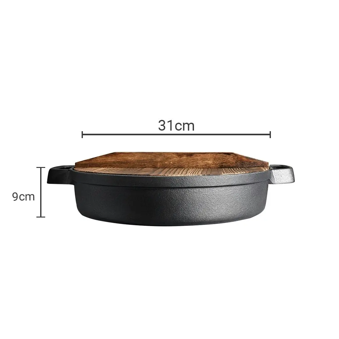 Soga 31cm Round Cast Iron Pre-seasoned Deep Baking Pizza Frying Pan Skillet with Wooden Lid