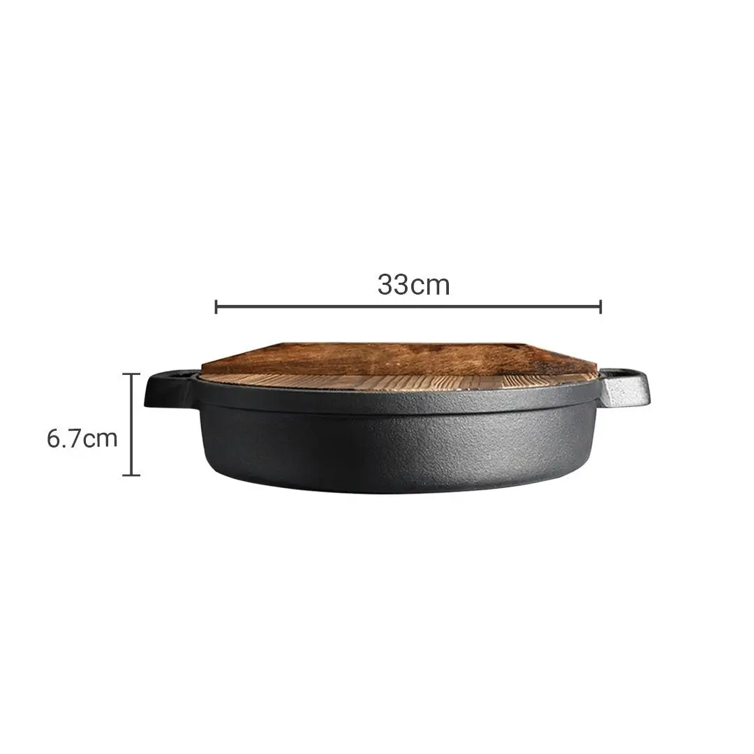 Soga 33cm Round Cast Iron Pre-seasoned Deep Baking Pizza Frying Pan Skillet with Wooden Lid