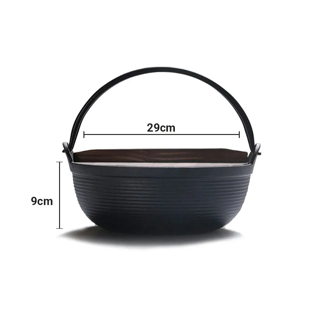 Soga 29cm Cast Iron Japanese Style Sukiyaki Tetsu Nabe Shabu Hot Pot with Wooden Lid