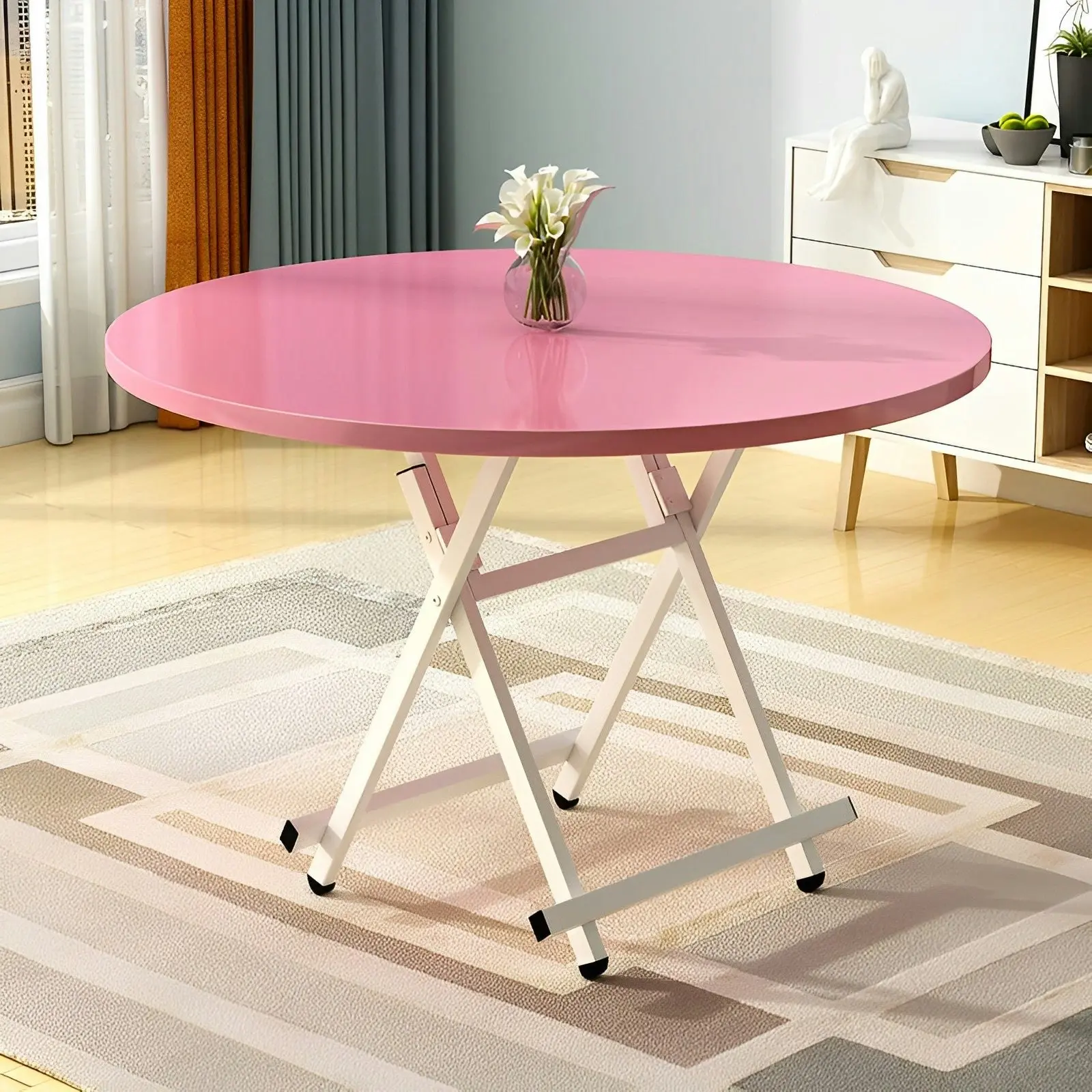 Soga Pink Dining Table Portable Round Surface Space Saving Folding Desk Home Decor