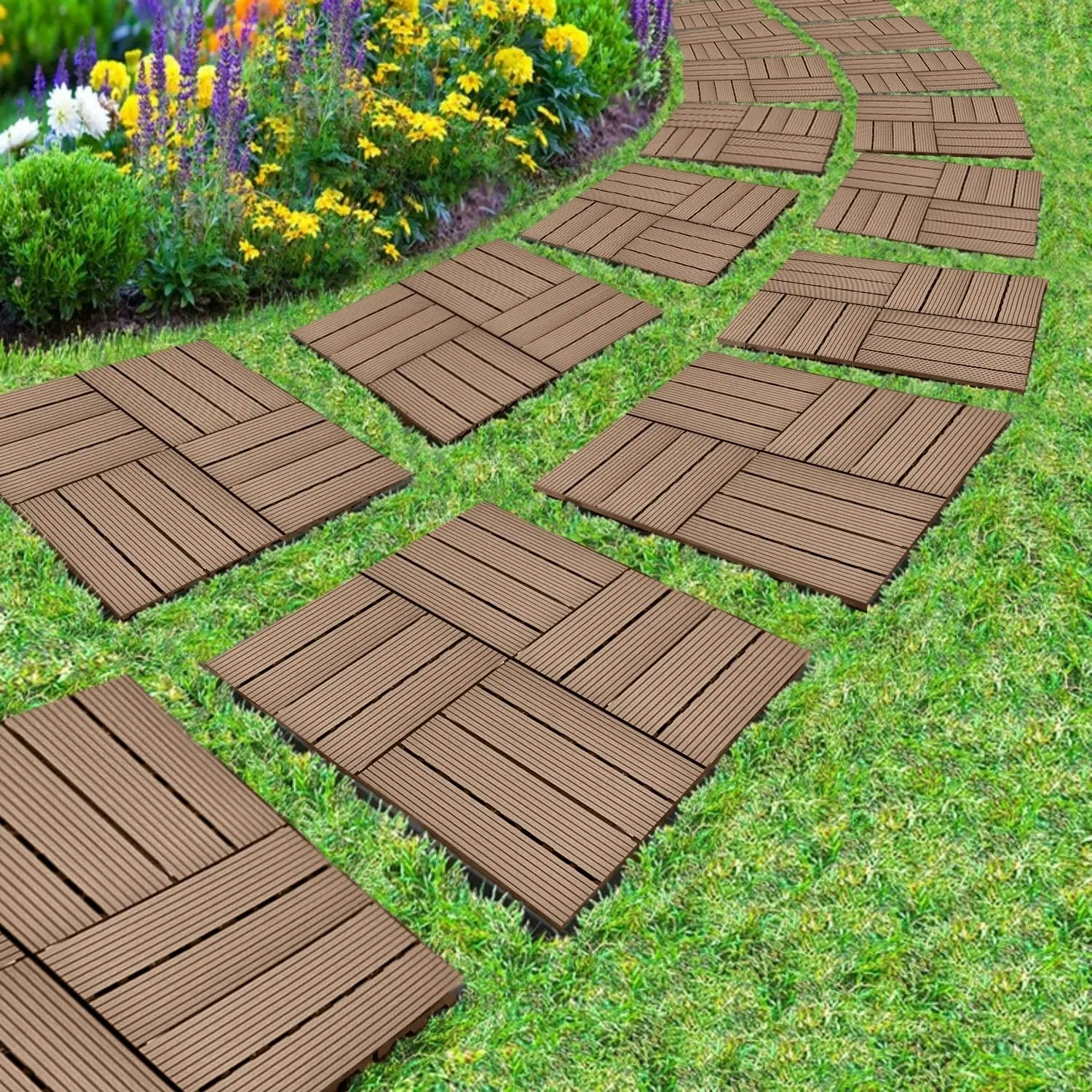 Soga 11 pcs Light Chocolate DIY Wooden Composite Decking Tiles Garden Outdoor Backyard Flooring Home Decor