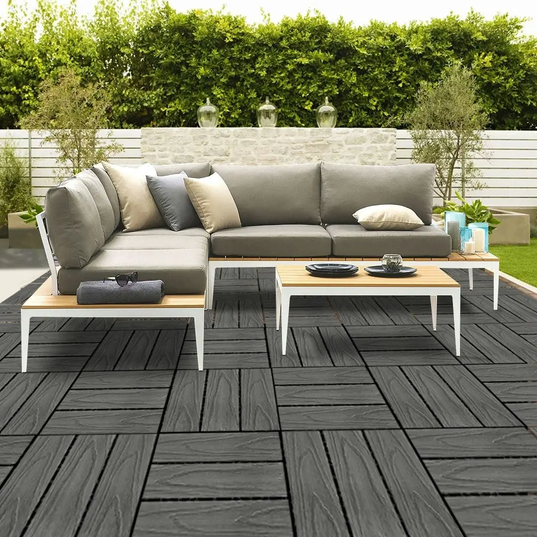 Soga 11 pcs Dark Grey DIY Wooden Composite Decking Tiles Garden Outdoor Backyard Flooring Home Decor