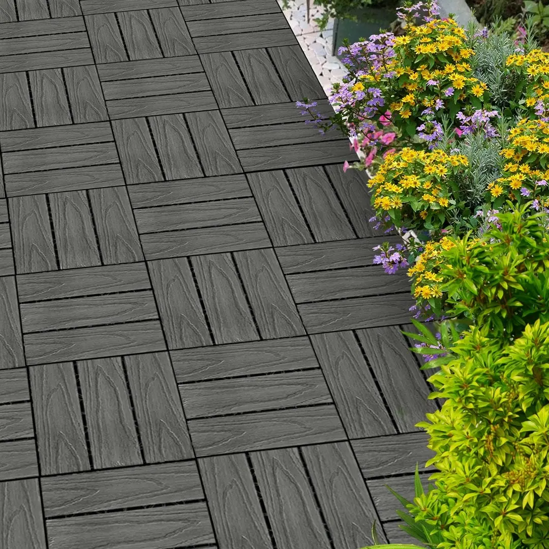 Soga 11 pcs Dark Grey DIY Wooden Composite Decking Tiles Garden Outdoor Backyard Flooring Home Decor