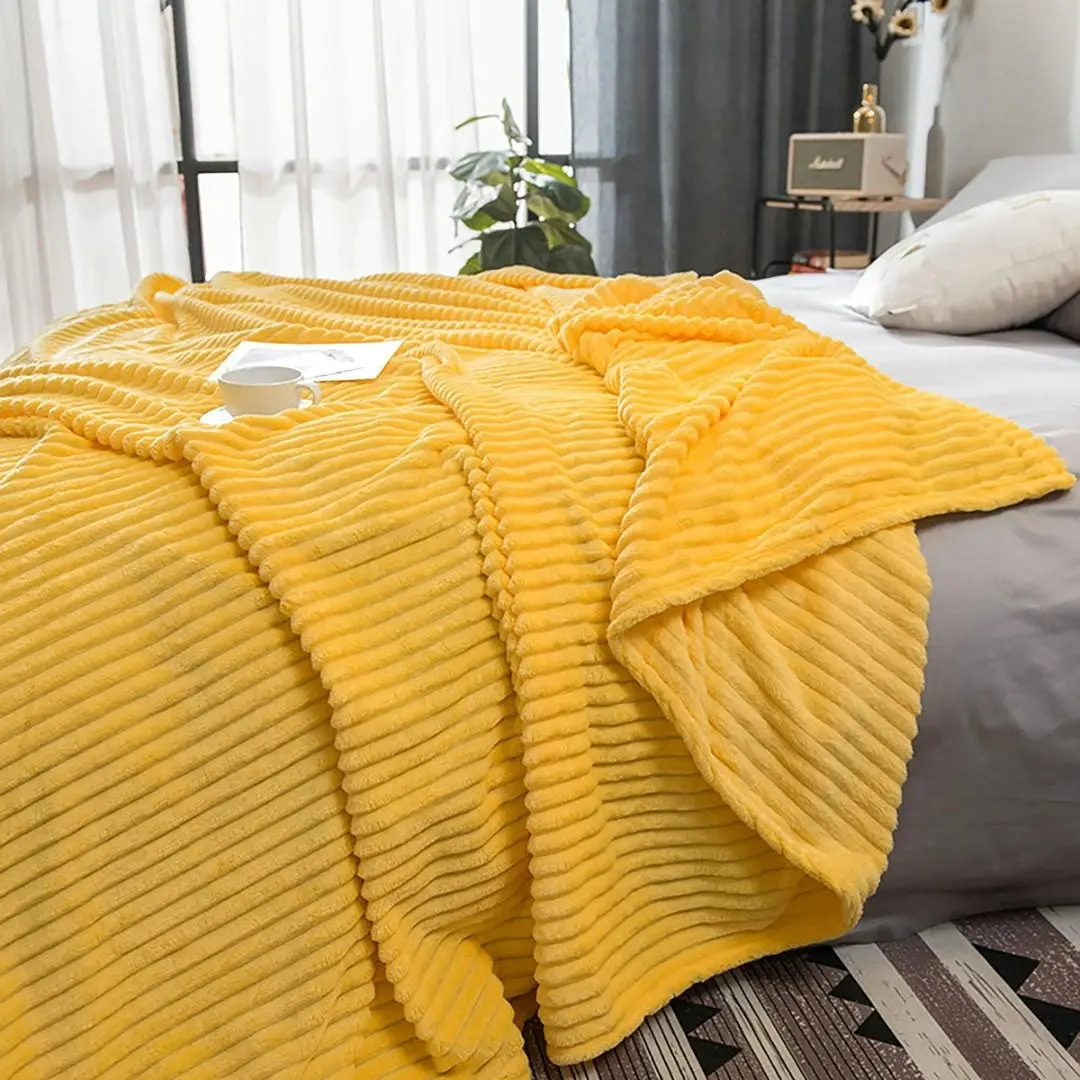 Soga Yellow Throw Blanket Warm Cozy Striped Pattern Thin Flannel Coverlet Fleece Bed Sofa Comforter