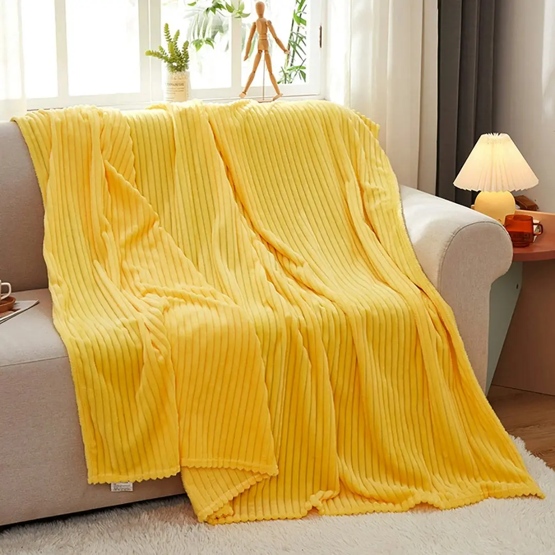 Soga Yellow Throw Blanket Warm Cozy Striped Pattern Thin Flannel Coverlet Fleece Bed Sofa Comforter