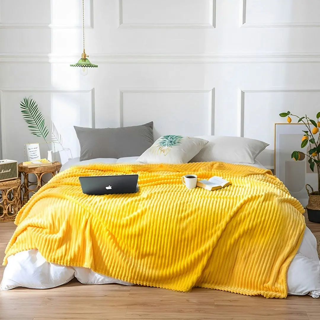 Soga Yellow Throw Blanket Warm Cozy Striped Pattern Thin Flannel Coverlet Fleece Bed Sofa Comforter