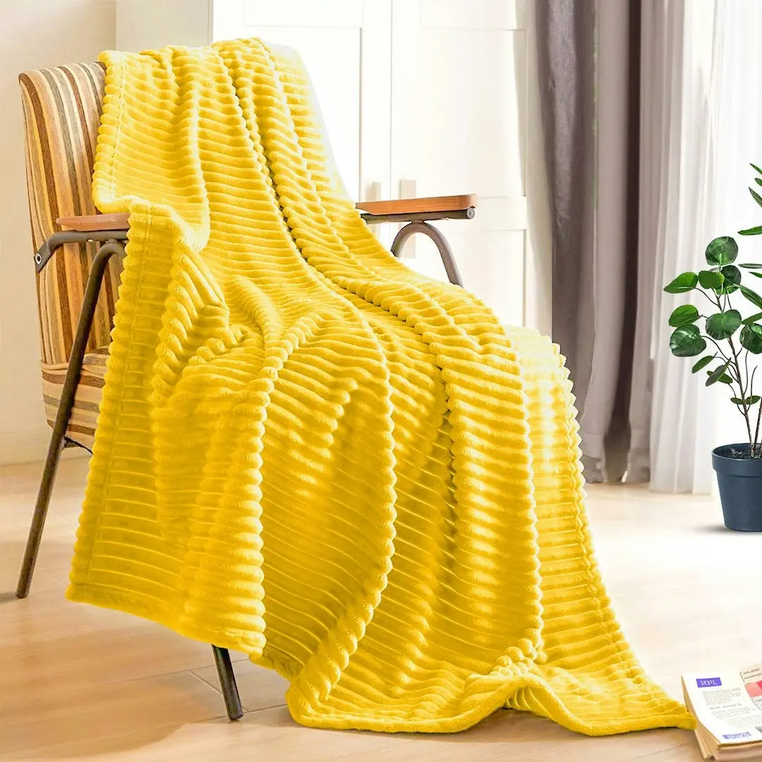 Soga Yellow Throw Blanket Warm Cozy Striped Pattern Thin Flannel Coverlet Fleece Bed Sofa Comforter