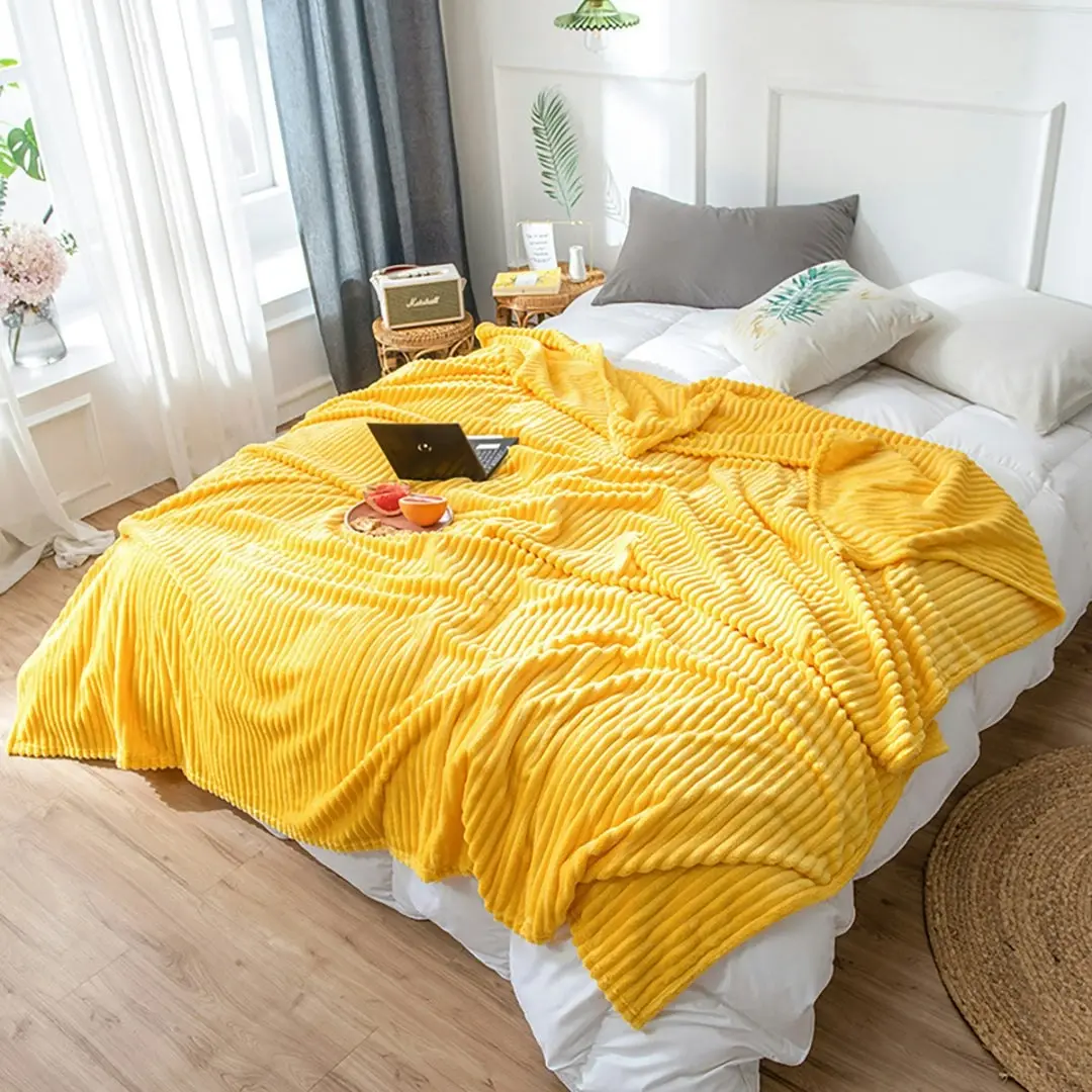 Soga Yellow Throw Blanket Warm Cozy Striped Pattern Thin Flannel Coverlet Fleece Bed Sofa Comforter