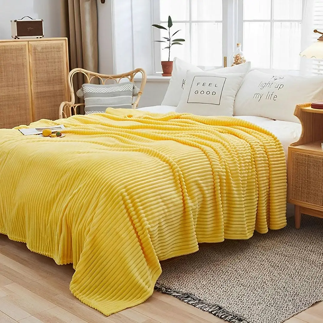 Soga Yellow Throw Blanket Warm Cozy Striped Pattern Thin Flannel Coverlet Fleece Bed Sofa Comforter