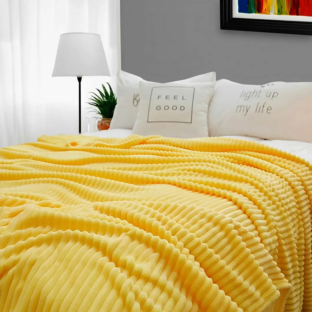 Soga Yellow Throw Blanket Warm Cozy Striped Pattern Thin Flannel Coverlet Fleece Bed Sofa Comforter