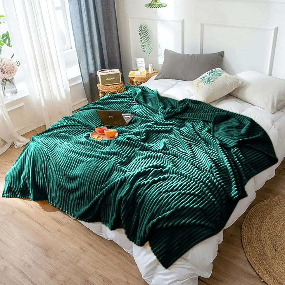 Soga Dark Green Throw Blanket Warm Cozy Striped Pattern Thin Flannel Coverlet Fleece Bed Sofa Comforter