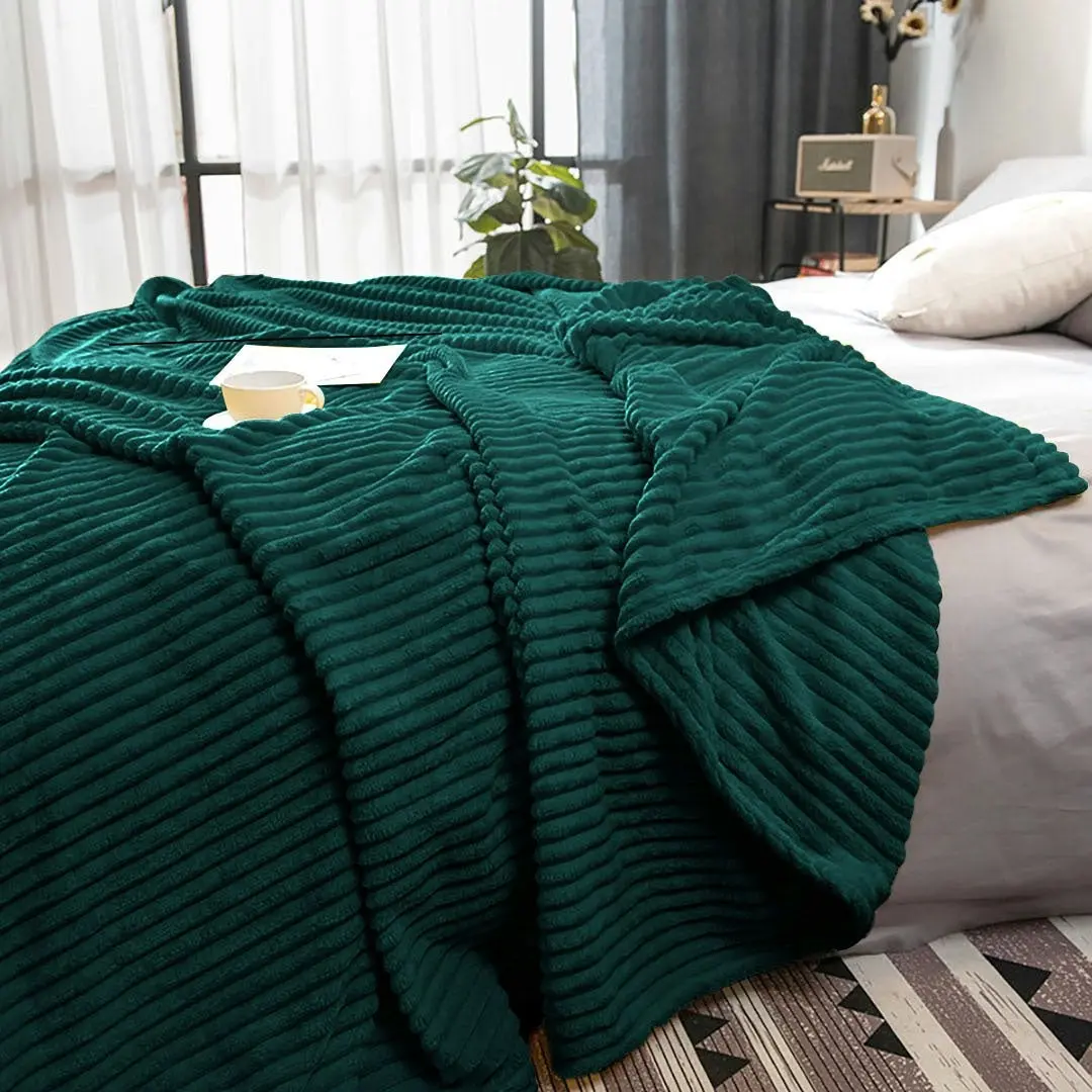 Soga Dark Green Throw Blanket Warm Cozy Striped Pattern Thin Flannel Coverlet Fleece Bed Sofa Comforter