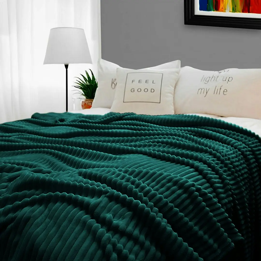 Soga Dark Green Throw Blanket Warm Cozy Striped Pattern Thin Flannel Coverlet Fleece Bed Sofa Comforter