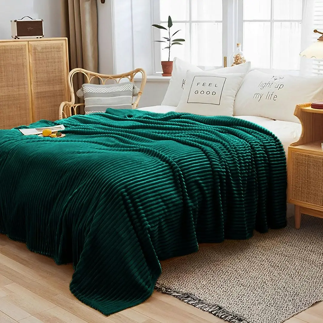 Soga Dark Green Throw Blanket Warm Cozy Striped Pattern Thin Flannel Coverlet Fleece Bed Sofa Comforter