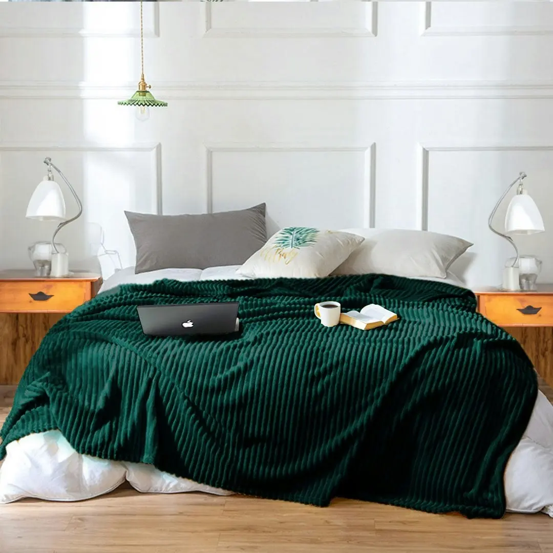 Soga Dark Green Throw Blanket Warm Cozy Striped Pattern Thin Flannel Coverlet Fleece Bed Sofa Comforter