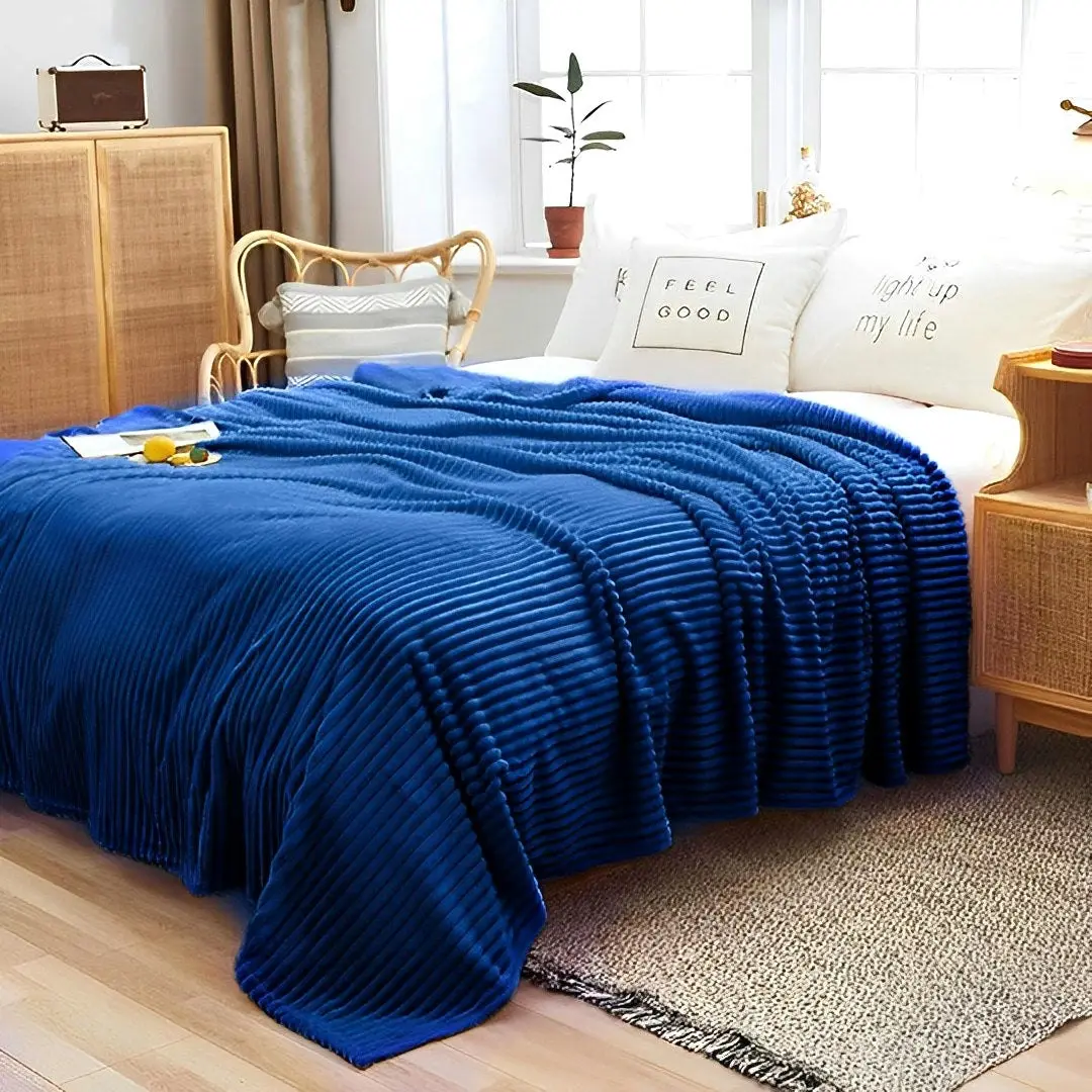 Soga Blue Throw Blanket Warm Cozy Striped Pattern Thin Flannel Coverlet Fleece Bed Sofa Comforter