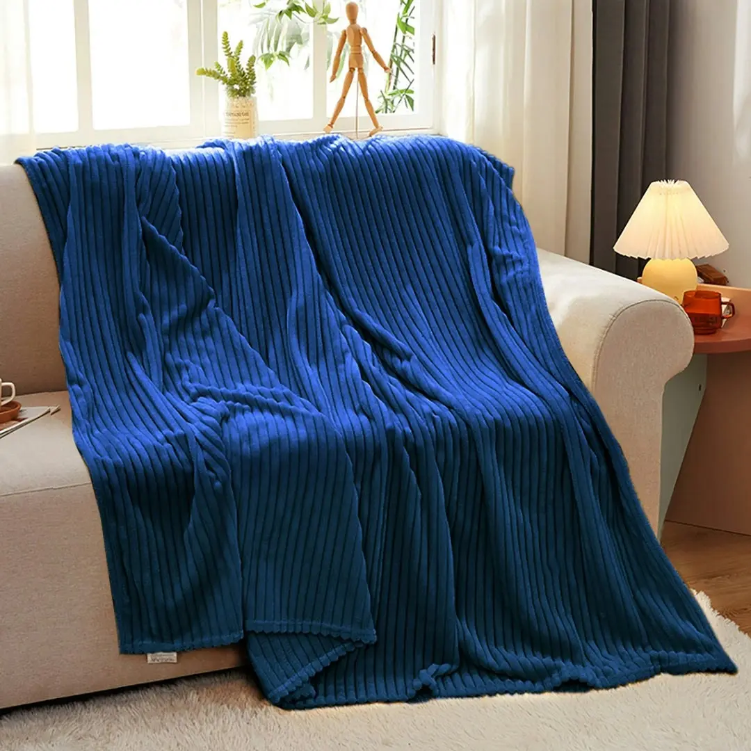 Soga Blue Throw Blanket Warm Cozy Striped Pattern Thin Flannel Coverlet Fleece Bed Sofa Comforter