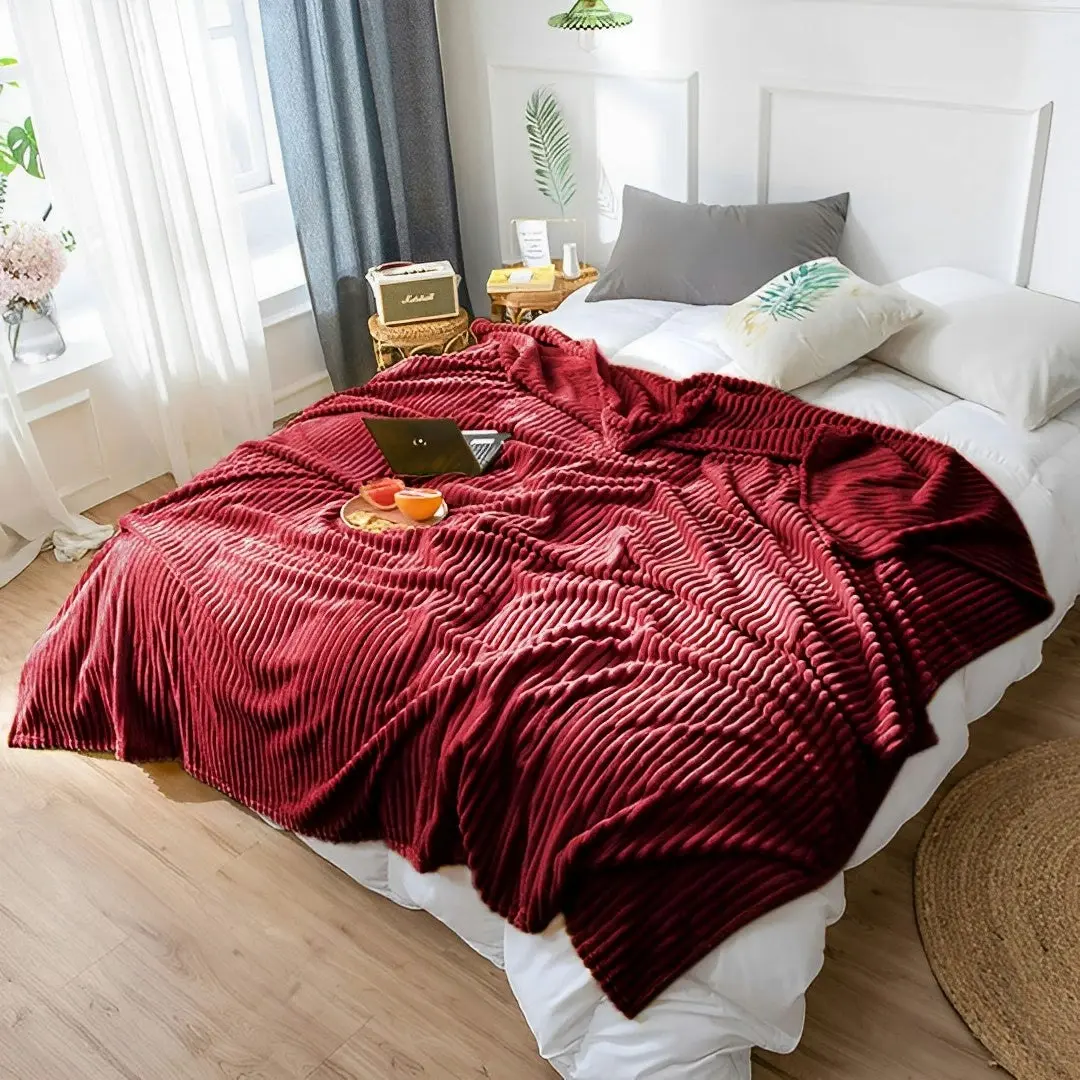 Soga Burgundy Throw Blanket Warm Cozy Striped Pattern Thin Flannel Coverlet Fleece Bed Sofa Comforter