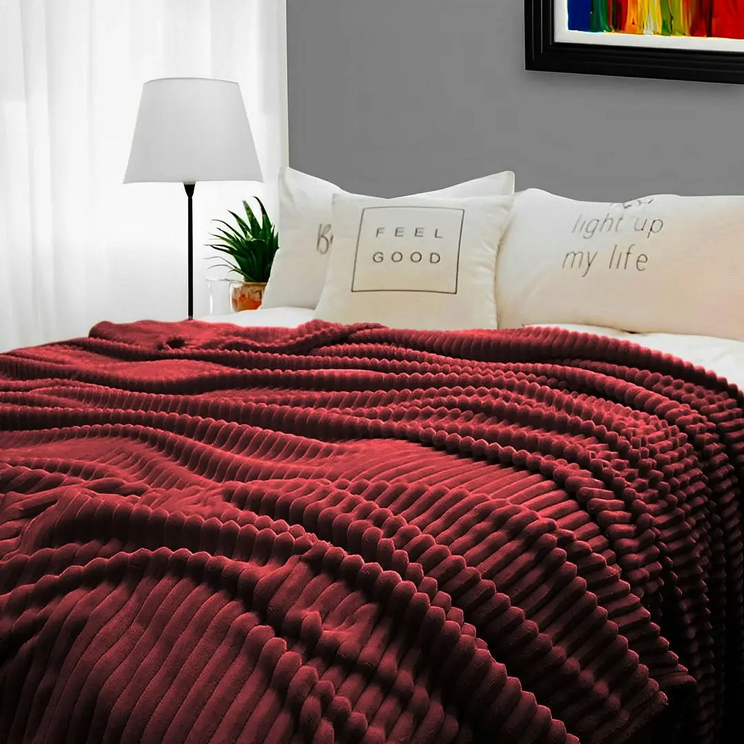 Soga Burgundy Throw Blanket Warm Cozy Striped Pattern Thin Flannel Coverlet Fleece Bed Sofa Comforter