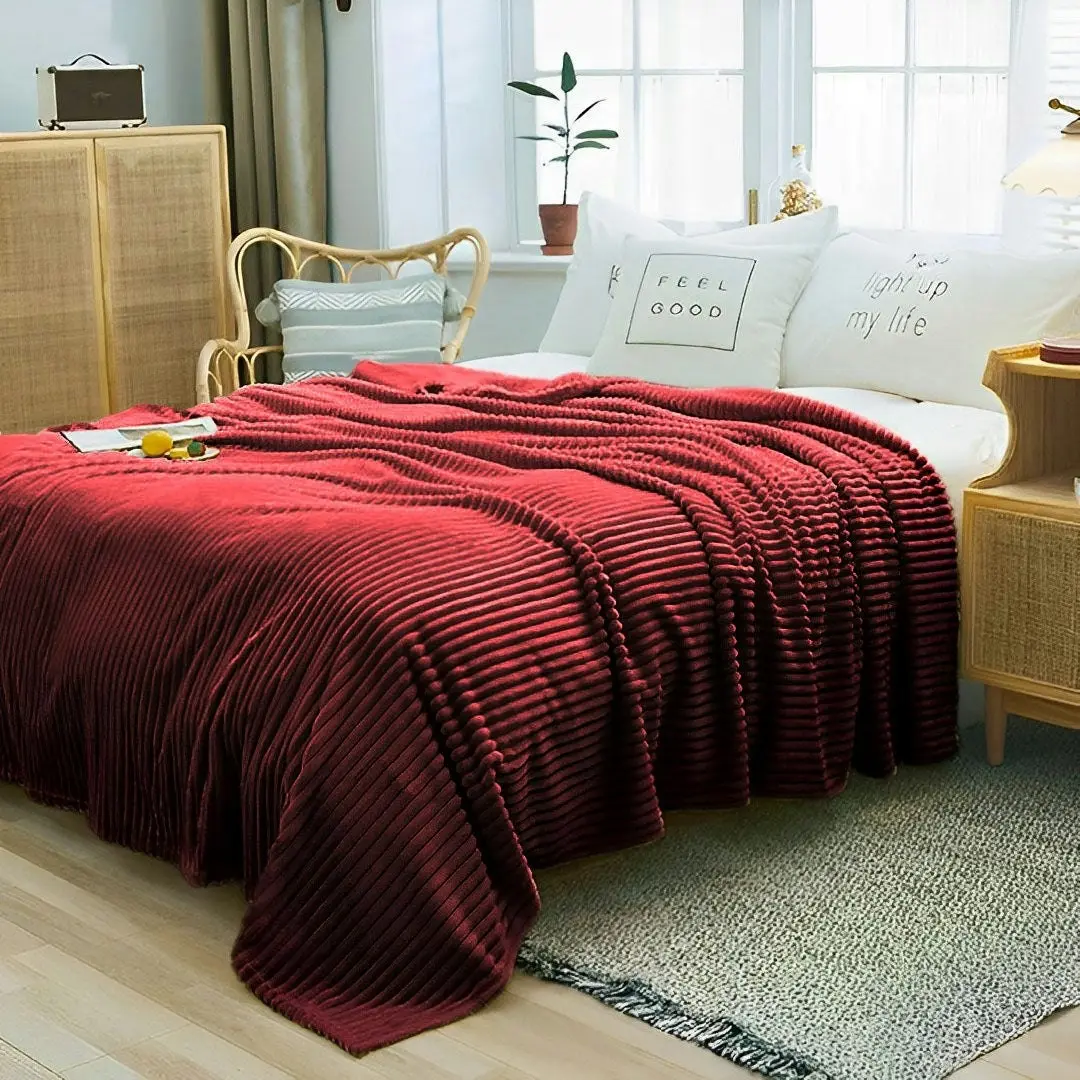 Soga Burgundy Throw Blanket Warm Cozy Striped Pattern Thin Flannel Coverlet Fleece Bed Sofa Comforter