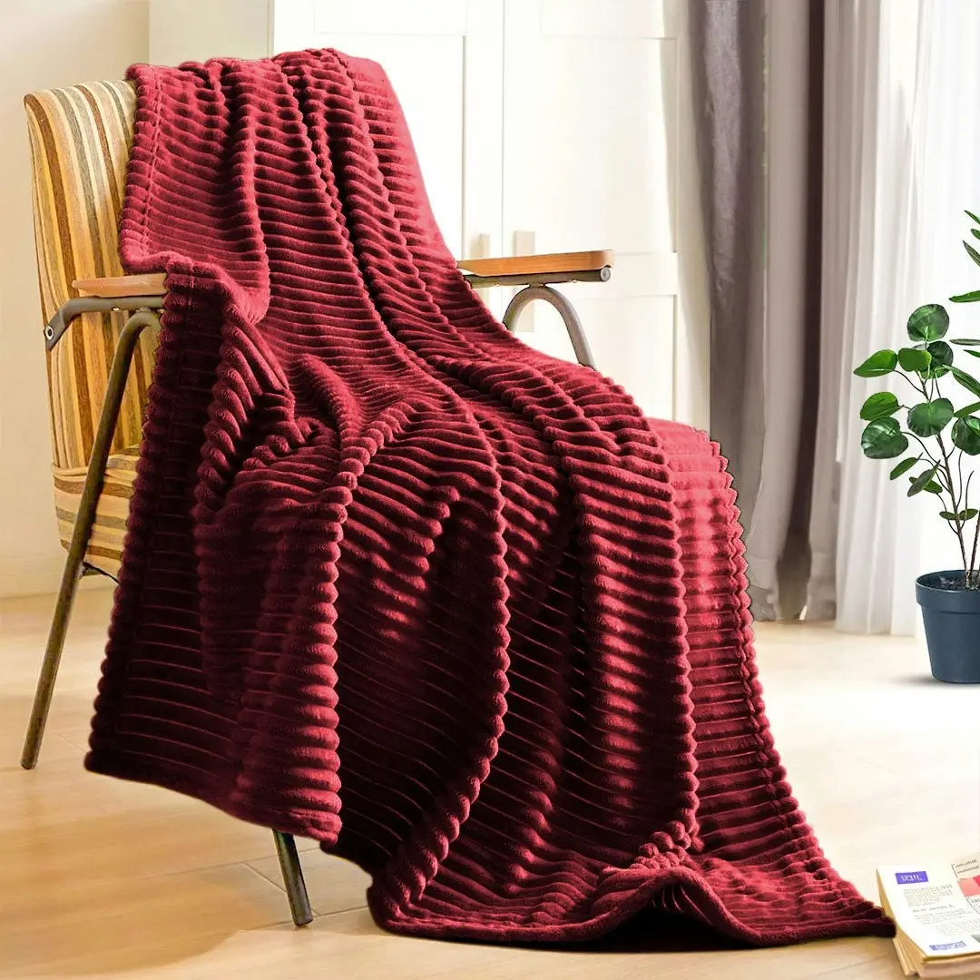 Soga Burgundy Throw Blanket Warm Cozy Striped Pattern Thin Flannel Coverlet Fleece Bed Sofa Comforter