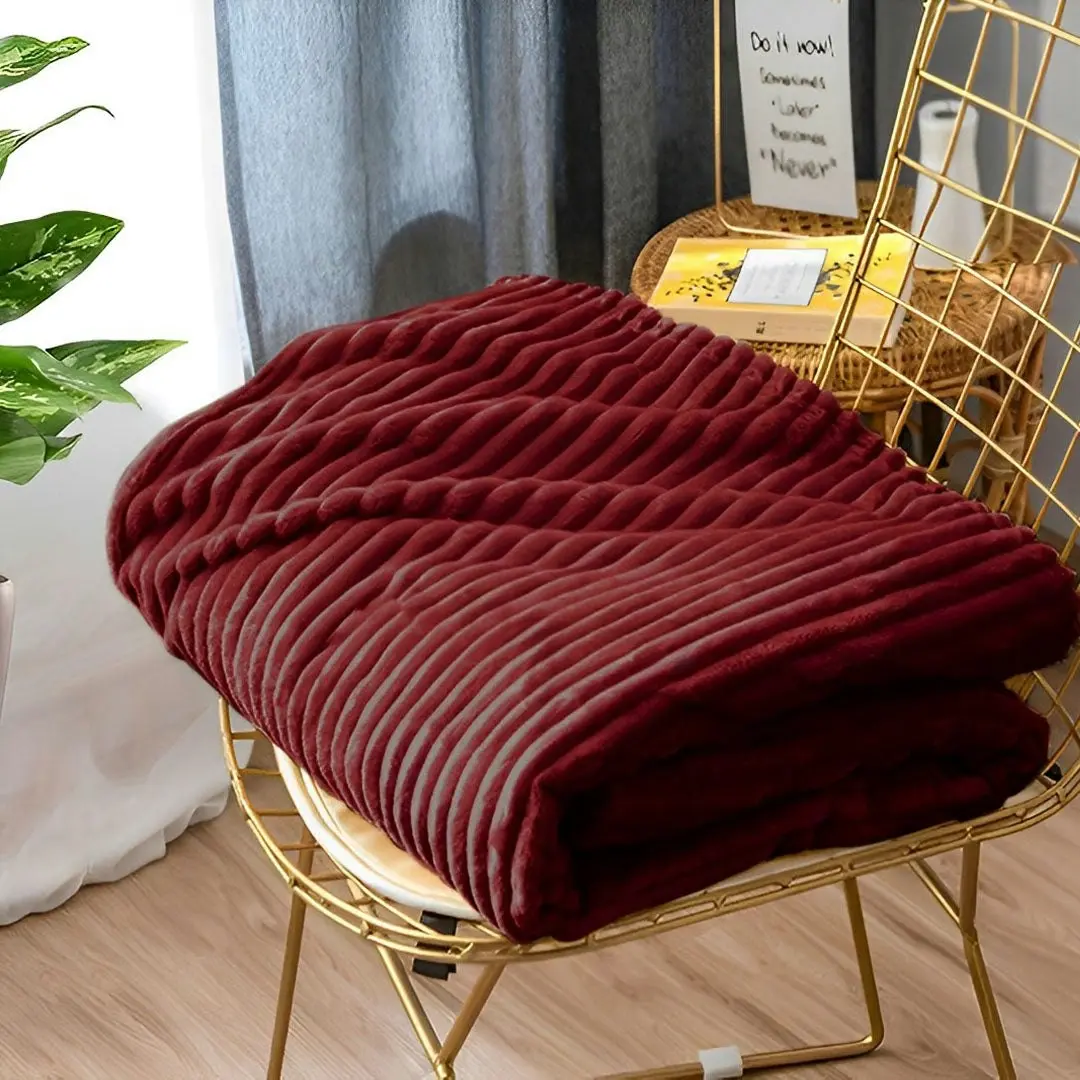 Soga Burgundy Throw Blanket Warm Cozy Striped Pattern Thin Flannel Coverlet Fleece Bed Sofa Comforter