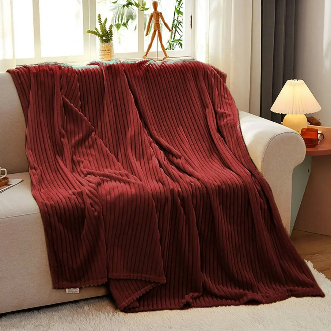 Soga Burgundy Throw Blanket Warm Cozy Striped Pattern Thin Flannel Coverlet Fleece Bed Sofa Comforter