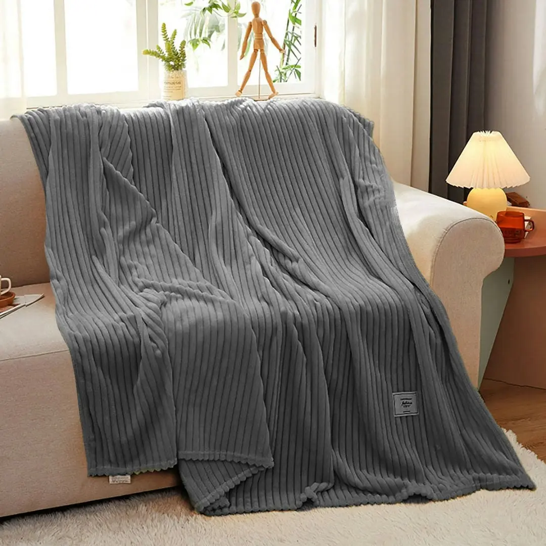 Soga Grey Throw Blanket Warm Cozy Striped Pattern Thin Flannel Coverlet Fleece Bed Sofa Comforter