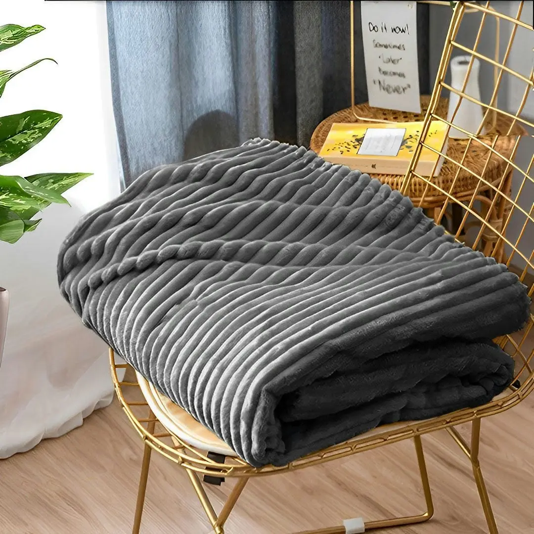 Soga Grey Throw Blanket Warm Cozy Striped Pattern Thin Flannel Coverlet Fleece Bed Sofa Comforter