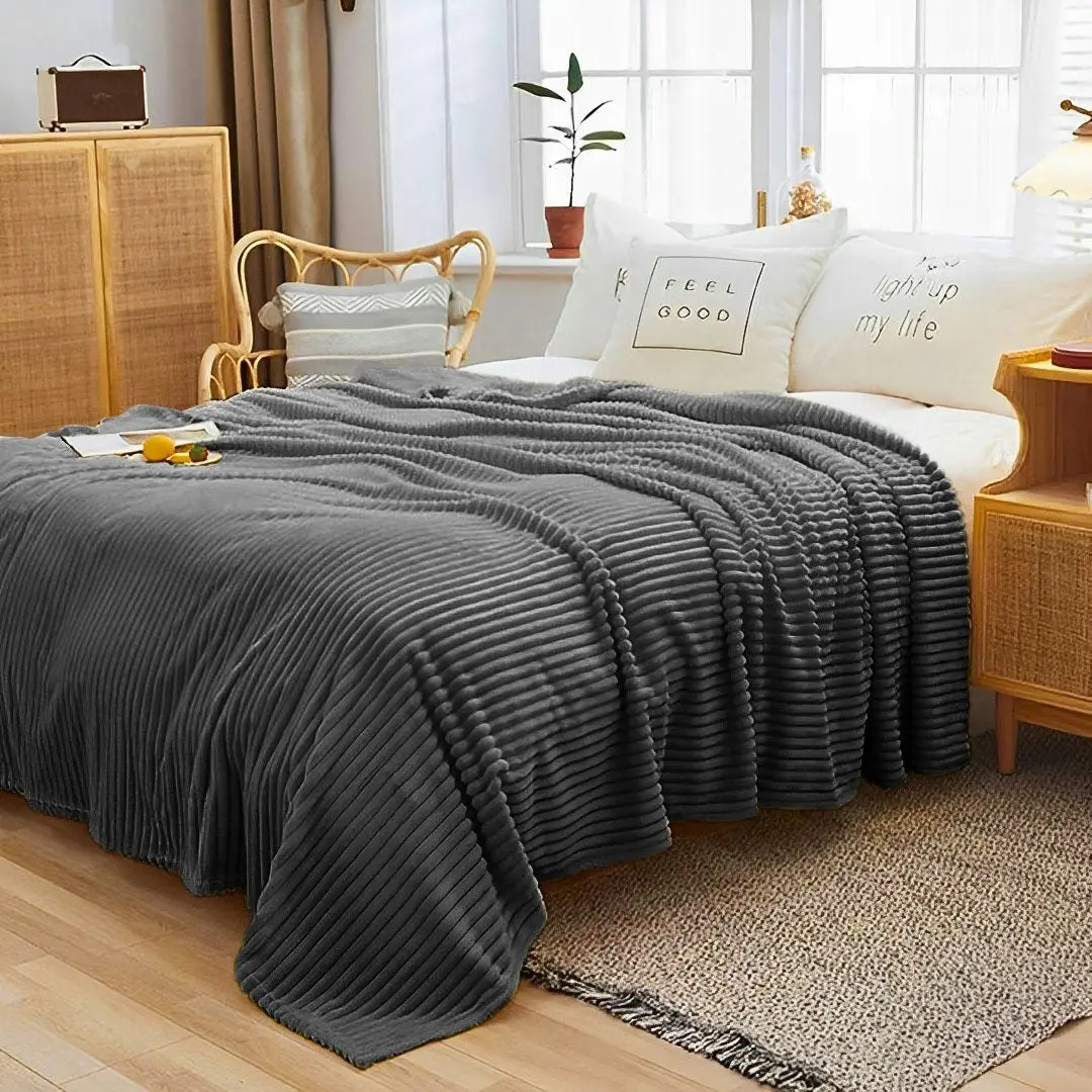 Soga Grey Throw Blanket Warm Cozy Striped Pattern Thin Flannel Coverlet Fleece Bed Sofa Comforter