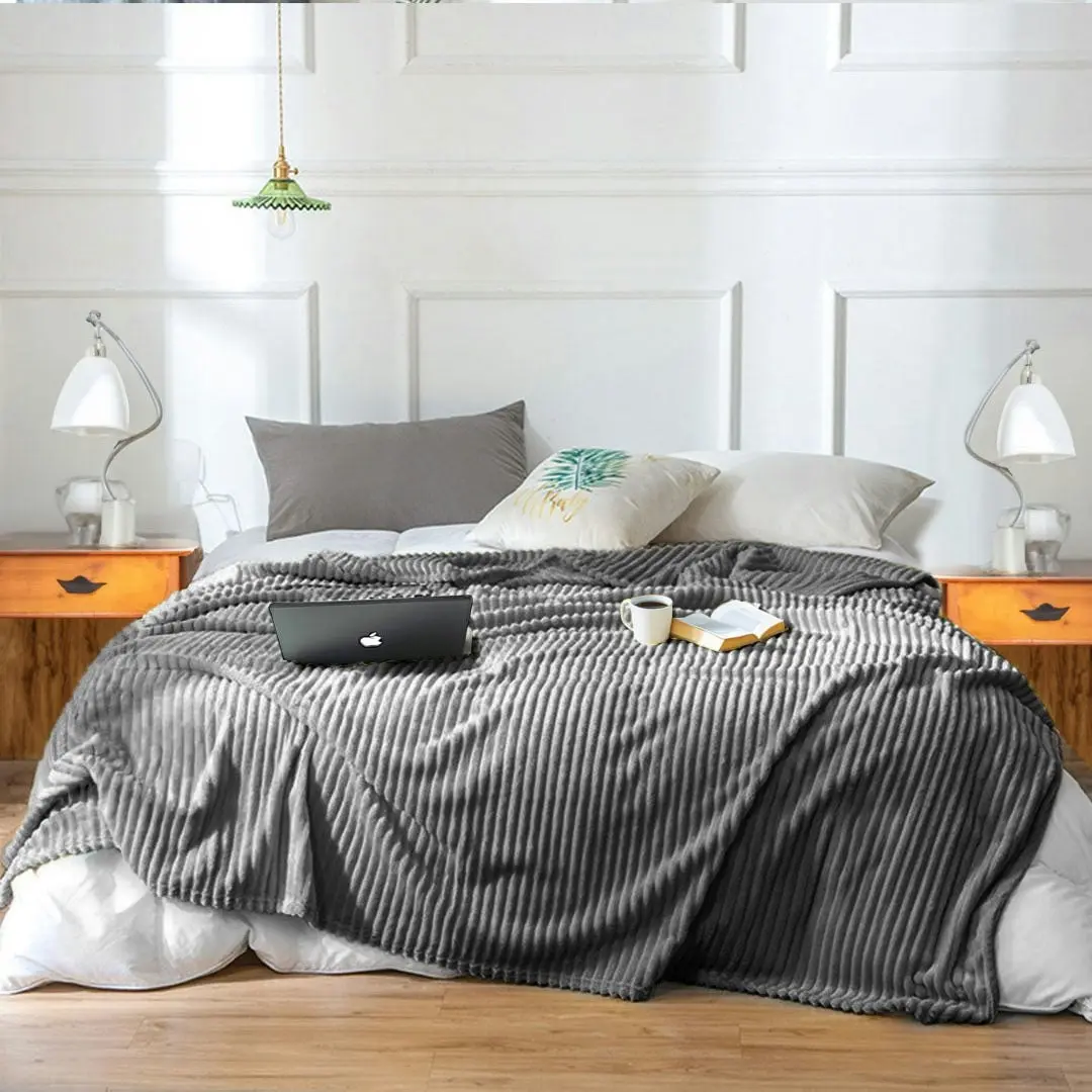 Soga Grey Throw Blanket Warm Cozy Striped Pattern Thin Flannel Coverlet Fleece Bed Sofa Comforter