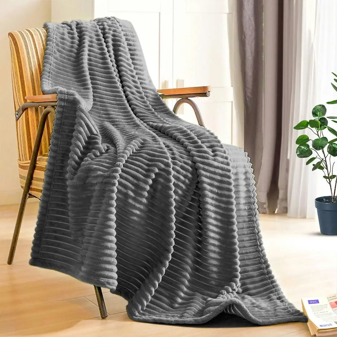 Soga Grey Throw Blanket Warm Cozy Striped Pattern Thin Flannel Coverlet Fleece Bed Sofa Comforter