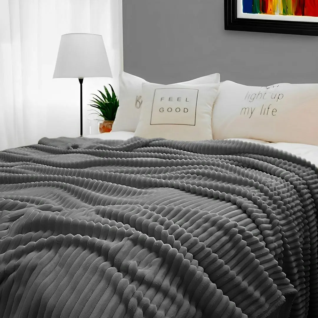 Soga Grey Throw Blanket Warm Cozy Striped Pattern Thin Flannel Coverlet Fleece Bed Sofa Comforter