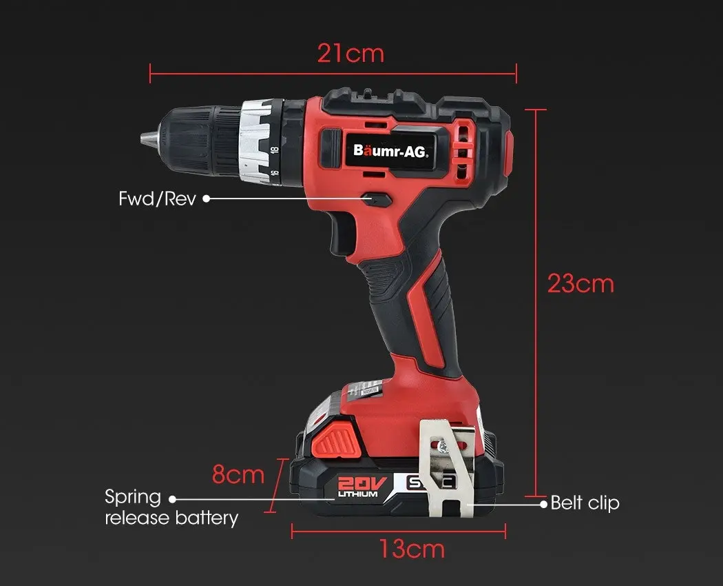 Baumr-AG 20V Cordless Drill Hammer Function Tool Kit Lithium Battery Powered Impact Driver