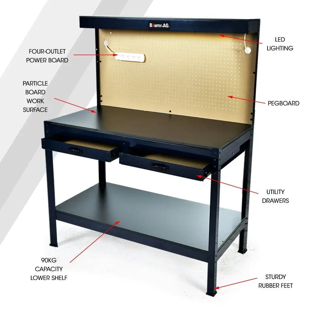 Baumr-AG Steel Garage Workbench with LED Lights Pegboard Tool Storage Work Bench Workshop Table