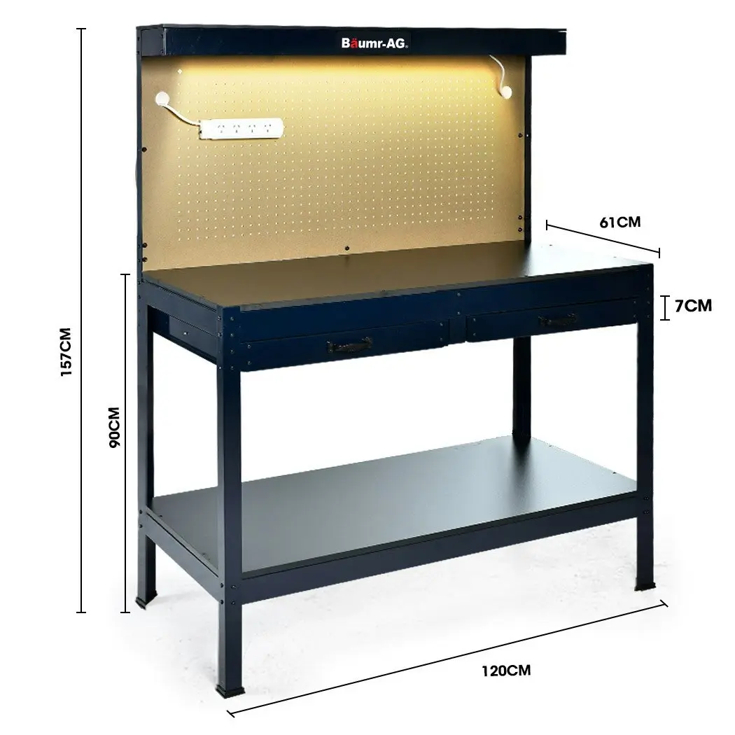 Baumr-AG Steel Garage Workbench with LED Lights Pegboard Tool Storage Work Bench Workshop Table