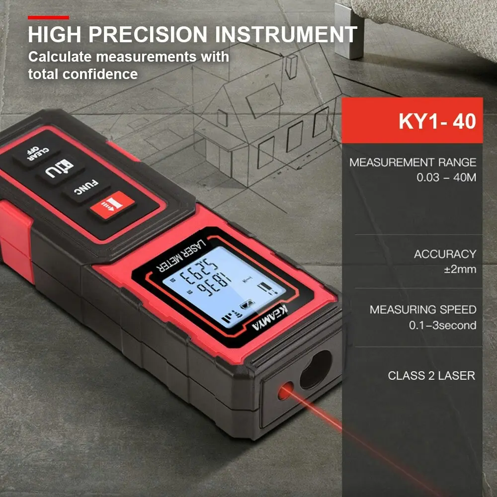 Keamya 40m Laser Distance Measurer Meter Range Finder Area Volume Digital