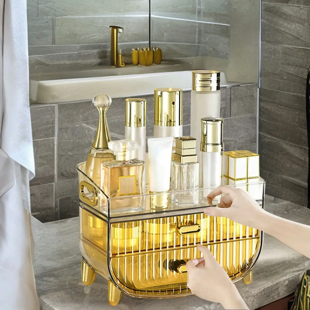 Soga 3 Tier Golden Yellow Multifunctional Countertop Cosmetic Storage Makeup Skincare Holder Jewelry Cabinet Bathroom Desk Drawer Vanity Organiser