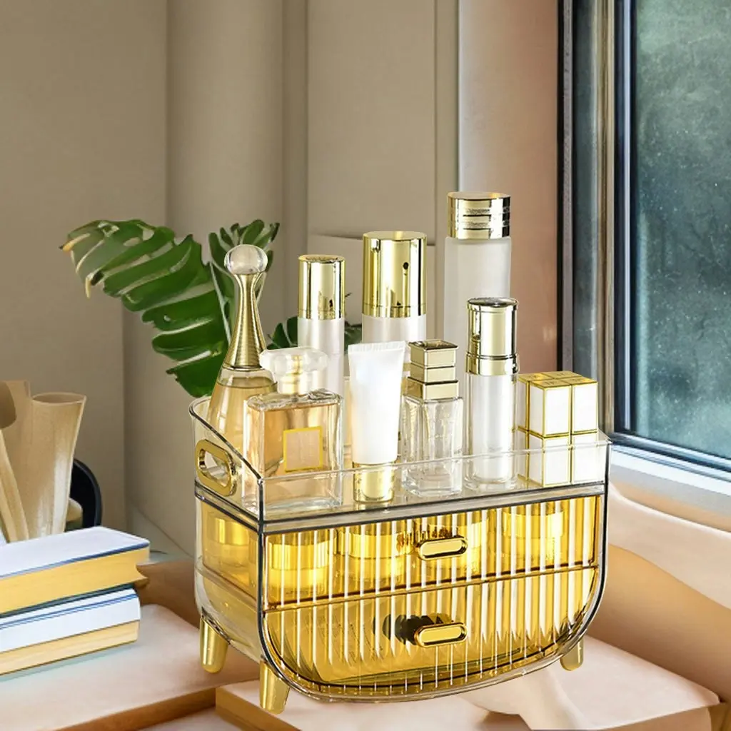 Soga 3 Tier Golden Yellow Multifunctional Countertop Cosmetic Storage Makeup Skincare Holder Jewelry Cabinet Bathroom Desk Drawer Vanity Organiser